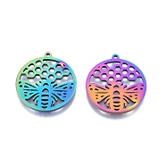 Ion Plating(IP) 201 Stainless Steel Pendant,  Hollow Charms, Flat Round with Bee, Rainbow Color, 27x25x1.5mm, Hole: 1.4mm(STAS-B027-10MC)