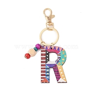 Wood Keychain, with Dye & Iron Key Ring, Letter R, 11.6~12.1cm(KEYC-S256-01R)