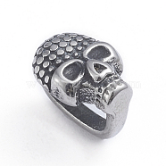 Retro 304 Stainless Steel Slide Charms/Slider Beads, for Leather Cord Bracelets Making, Skull, Antique Silver, 11.5x8x9.5mm, Hole: 4x8mm(STAS-L243-011AS)
