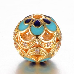 Brass Micro Pave Cubic Zirconia Beads, with Enamel, Round, Hollow, Golden, 10mm, Hole: 1.5mm(X-ZIRC-D114-23G)