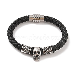 Braided Microfiber Leather Cord Bracelets, Viking 304 Stainless Steel Skull Bracelets for Men, Antique Silver, 8-1/2x1/4 inch(21.5x0.8cm)(BJEW-B096-11AS)