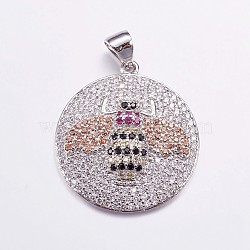 Brass Micro Pave Cubic Zirconia Pendants, Flat Round with Bee, Platinum, 24x22x4mm, Hole: 3x4mm(ZIRC-G128-11P)