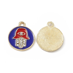 Alloy Crystal Rhinestone Pendants, with Enamel, Flat Round with Hamsa Hand/Hand of Miriam Charms, Light Gold, Blue, 17x14x1.5mm, Hole: 1.6mm(FIND-C019-17KCG-01)
