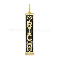 Real 18K Gold Plated Brass Micro Pave Cubic Zirconia Pendants, Rectangle with Word, Black, 49x9x4mm, Hole: 7.5x5mm(KK-R159-07C-G)