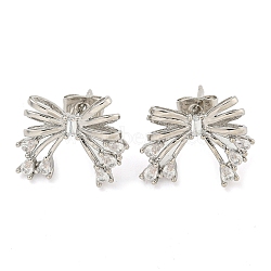 Bowknot Brass Micro Pave Cubic Zirconia Stud Earrings for Women, Platinum, 15x18mm(EJEW-P275-05P)