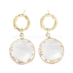 Brass Dangle Stud Earrings, Clear Glass Flat Round Drop Earrings, Golden, 33x16.5mm(EJEW-Q800-36G)