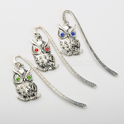 Tibetan Style Alloy Bird Bookmarks, with Grade A Rhinestone, Owl, Antique Silver, Mixed Color, 84mm, Owl: 39x19x4mm(AJEW-JK00065)