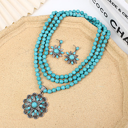 Flower Synthetic Turquoise with Alloy Pendant Necklaces & Stud Dangle Earrings Sets, Antique Silver, 1500mm(WG550B3-01)