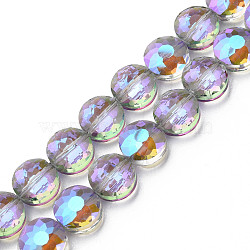 Electroplate Transparent Glass Beads Strands, Faceted, Flat Round, Violet, 10x6mm, Hole: 0.9mm, about 70pcs/strand, 27.95 inch(71cm)(EGLA-N002-38-C02)