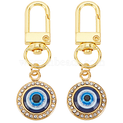 2Pcs 304 Stainless Steel Rhinestone & Resin Pendants Keychain, with Alloy Swivel Lobster Claw Clasps, Flat Round with Evil Eye, Golden, 5.9cm(HJEW-OC0001-13)