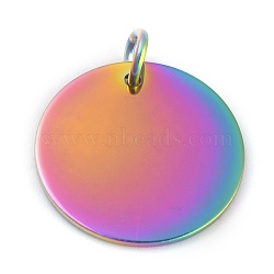 Ion Plating(IP) 304 Stainless Steel Pendants, Manual Polishing, Stamping Blank Tag, with Jump Rings, Flat Round, Rainbow Color, 20x1mm, Hole: 3.5mm(STAS-O126-01A-MC)