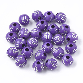 Plating Acrylic Beads, Silver Metal Enlaced, Round with Cross, Medium Purple, 8mm, Hole: 2mm, about 1800pcs/500g