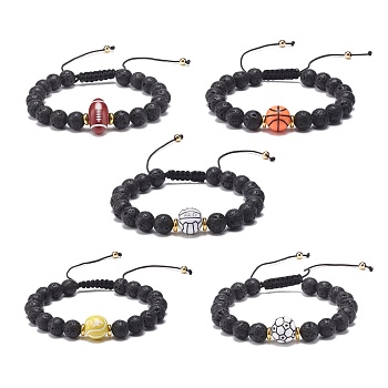 Natural Lava Rock & Acrylic Braided Bead Bracelet, Essential Oil Gemstone Jewelry for Men Women, Mixed Color, Inner Diameter: 2-1/8~3-5/8 inch(5.5~9.3cm)