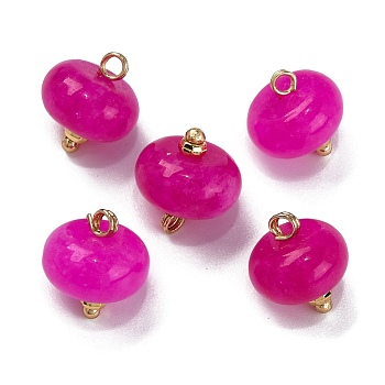 Natural White Jade Dyed Saucer Charms with Rack Plating Golden Tone Brass Bails, Fuchsia, 12x10mm, Hole: 1.5~1.6mm