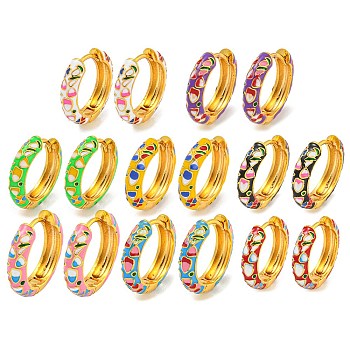 Rack Plating Brass Hoop Earrings, with Flower Enamel, Cadmium Free & Lead Free, Long-Lasting Plated, Real 18K Gold Plated, Mixed Color, 19x4.5mm