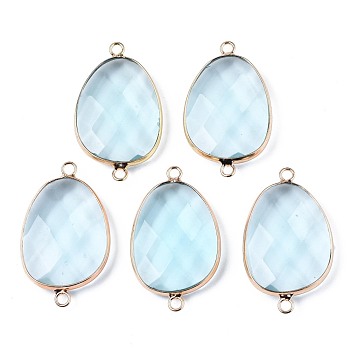 Glass Links Connectors, with Golden Plated Brass Edge and Loop, Faceted, Oval, Light Blue, 38~39x23x7mm, Hole: 2.5mm