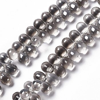 Electroplate Glass Beads Strands, Top Drilled Beads, Pearl Luster Plated, Teardrop, Gray, 13~13.5x9.5mm, Hole: 0.9mm, about 120pcs/strand, 23.62 inch(60cm)
