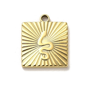 304 Stainless Steel Pendants, Square with Snake Charms, Real 14K Gold Plated, 22x18.5x2mm, Hole: 2.5mm