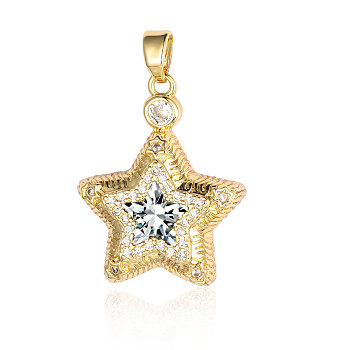 Brass Micro Pave Cubic Zirconia Pendants, Star Charms, Real 18K Gold Plated, 24x19x6mm