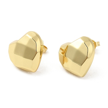 Brass Faceted Heart Stud Earrings for Women, Real 16K Gold Plated, 14x15mm