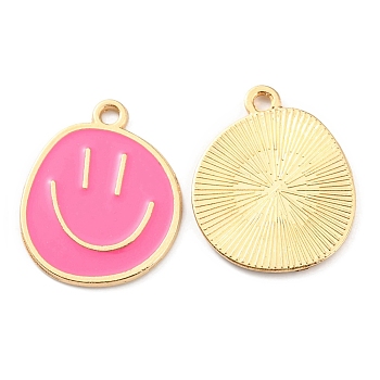 Alloy Enamel Pendants, Golden, Flat Round with Smiling Face Charm, Hot Pink, 24.5x20x1.5mm, Hole: 2mm