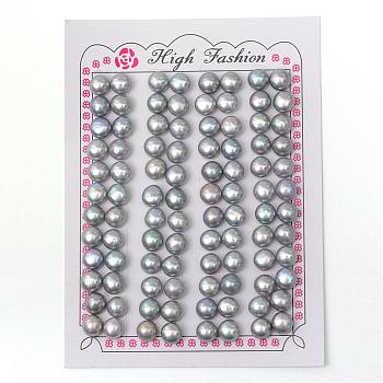 Flat Round Natural Cultured Freshwater Pearl Beads, Dyed, Half Drilled, Gray, 7x5mm, Half Hole: 0.8mm, 48pairs/cards