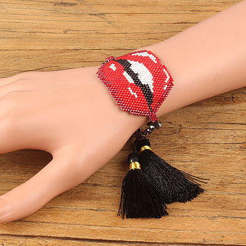 Miyuki Seed Braided Bead Bracelet with Double Tassel, Sexy Lip Friendship Bracelet for Women, Red, 11 inch(28cm)