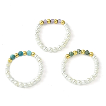3Pcs 3 Style Natural Pearl & Moss Agate & Apatite Beaded Stretch Rings, Stackable Rings, Mixed Color, Inner Diameter: 20mm, 1Pc/style