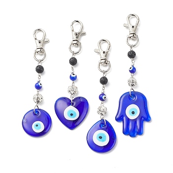 Handmade Lampwork Evil Eye Pendant Decoration, Natural Lava Rock Round Bead & Lobster Clasp Charms, for Keychain, Purse, Backpack Ornament, Mixed Shapes, 121~141mm