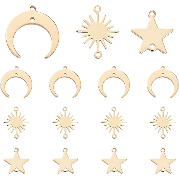 30Pcs 3 Style Brass Links Connectors, Long-Lasting Plated, Sun & Star & Moon, Real 14K Gold Plated, 13~19x12~18x0.5~1mm, Hole: 1.2mm, 10pcs/style