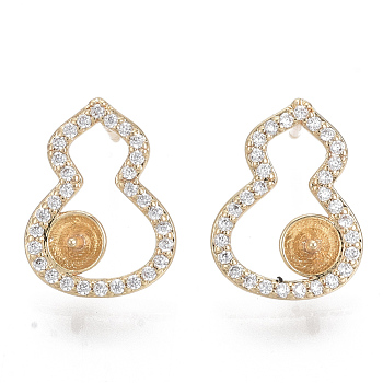 Brass Micro Pave Clear Cubic Zirconia Stud Earring Findings, for Half Drilled Beads, Nickel Free, Gourd, Real 18K Gold Plated, 13.5x9.5mm, Pin: 0.7mm, Pin: 0.8mm(for half drilled beads)