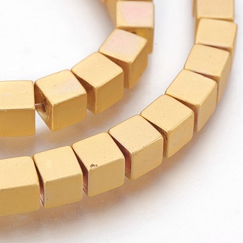 Electroplated Non-magnetic Synthetic Hematite Bead Strand, Cube, Matte Style, Golden Plated, 4.5x4.5x4.5mm, Hole: 1mm, about 99pcs/strand, 16.33 inch(41.5cm)