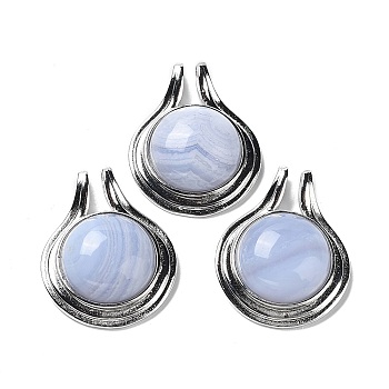 Natural Blue Lace Agate Pendants, Rack Plating Platinum Plated Brass Half Round Charms, Cadmium Free & Lead Free, 28x22.5x10mm, Hole: 2x4mm