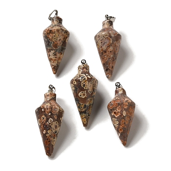 Natural Leopard Skin Jasper Pendants, Cone Charms with Rack Plating Platinum Plated Brass Snap on Bails, 36~36.5x15~15.5mm, Hole: 5~6.5x2mm