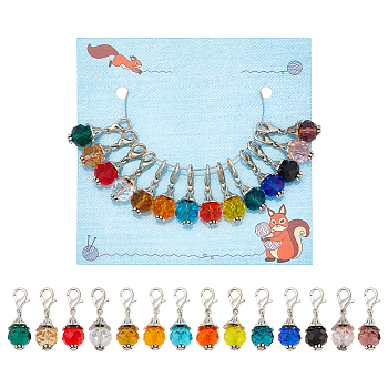 14Pcs 14 Colors Faceted Glass Pendant Locking Stitch Markers, Alloy Crochet Lobster Clasp Charms, Mixed Color, 2.7cm, 1pc/color