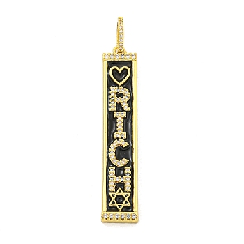 Real 18K Gold Plated Brass Micro Pave Cubic Zirconia Pendants, Rectangle with Word, Black, 49x9x4mm, Hole: 7.5x5mm