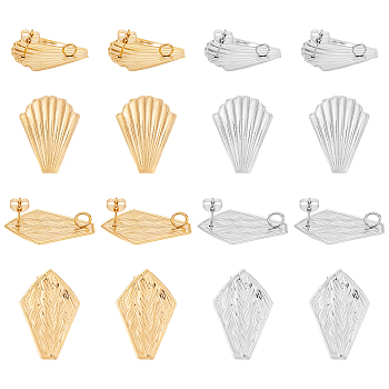Unicraftale 16Pcs 4 Style 304 Stainless Steel Stud Earring Findings, with Loop and Ear Nuts/Earring Backs, Kite & Scallop, Golden & Stainless Steel Color, 4pcs/Style