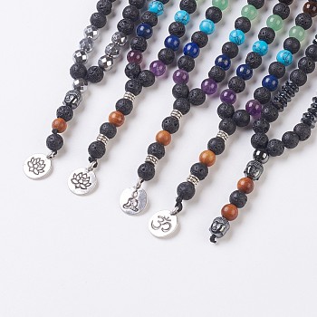 Natural Lava Rock Beaded and Natural & Synthetic Mixed Stone Pendant Necklaces, with Sandalwood Beads, 31.5 inch~31.89 inch(80~81cm), Pendant: 55~73x8~9mm
