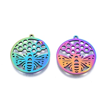 Ion Plating(IP) 201 Stainless Steel Pendant,  Hollow Charms, Flat Round with Bee, Rainbow Color, 27x25x1.5mm, Hole: 1.4mm