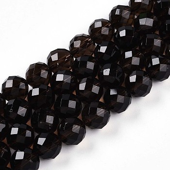 Natural Smoky Quartz Beads Strands, Round with Faceted, 9~10mm, Hole: 0.9mm, about 19~20pcs/strand, 7.40~7.80''(18.8~19.8cm)