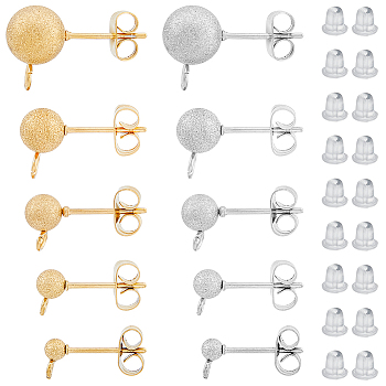 SUPERFINDINGS 40Pcs 10 Style 304 Stainless Steel Stud Earring Findings, Textured Ball Stud Earring Post with 50 Pcs Plastic Ear Nuts and Horizontal Loops, Golden & Stainless Steel Color, 6~12x3~8mm, Hole: 1.6~2.7mm, Pin: 0.6~0.7mm, 4Pcs/style