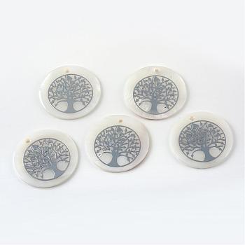 Sea Shell Pendants, with Tree Pattern, Flat Round, Platinum, 25~25.5x1.5~2mm, Hole: 1.5mm