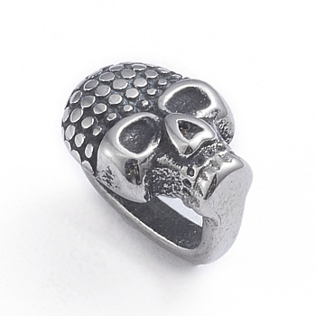 Retro 304 Stainless Steel Slide Charms/Slider Beads, for Leather Cord Bracelets Making, Skull, Antique Silver, 11.5x8x9.5mm, Hole: 4x8mm