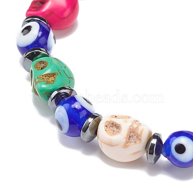 Lampwork mauvais œil et bracelets extensibles en perles de crâne synthétiques teints en turquoise (teints)(BJEW-JB08922)-6