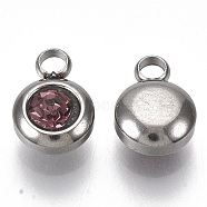 Rhinestone Charms, June Birthstone Charms, with 201 Stainless Steel, Flat Round, Stainless Steel Color, Light Amethyst, 9x6.5x4mm, Hole: 1.8mm(STAS-S105-JN919-6)