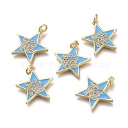 Brass Micro Pave Clear Cubic Zirconia Pendants, with Enamel and Jump Rings, Star with Word, Real 18K Gold Plated, Deep Sky Blue, 20x19x2mm, Hole: 3mm(ZIRC-I046-11D)