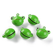 Baking Painted Brass Bell Pendants, Frog, Lime Green, 19x21x14.5mm, Hole: 2mm(KKB-S002-004)