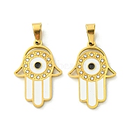 Ion Plating(IP) 304 Stainless Steel Pendants, with Enamel and Rhinestone, Real 18K Gold Plated, Hamsa Hand with Evil Eye Charm, White, 28x19x2mm, Hole: 6.5x4mm(STAS-C101-02G)