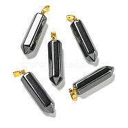 Natural Black Stone Hexagonal Prism Pointed Pendants, Faceted Bullet Charms with Golden Plated Brass Snap on Bails, 33x8x8mm, Hole: 6x2.5mm(G-P531-02G)