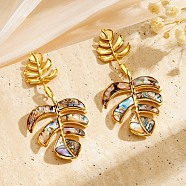 304 Stainless Steel & Shell Stud Earrings for Women, Golden, Leaf, 67x34mm(EJEW-Z065-02G-02)